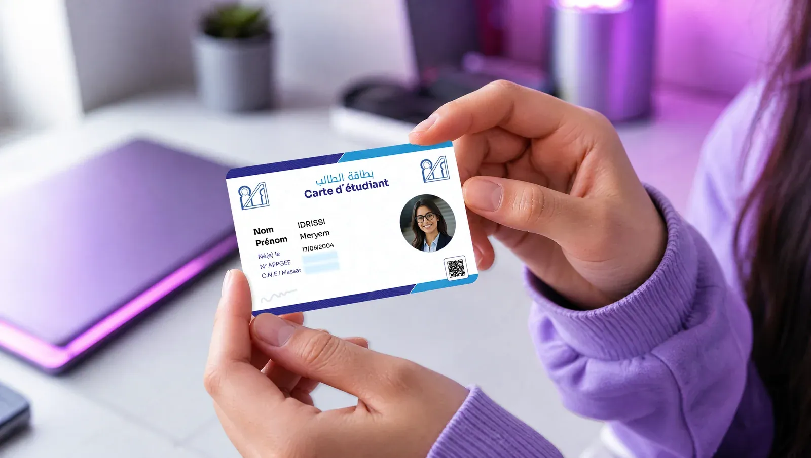 Une étudiante présente sa carte étudiante