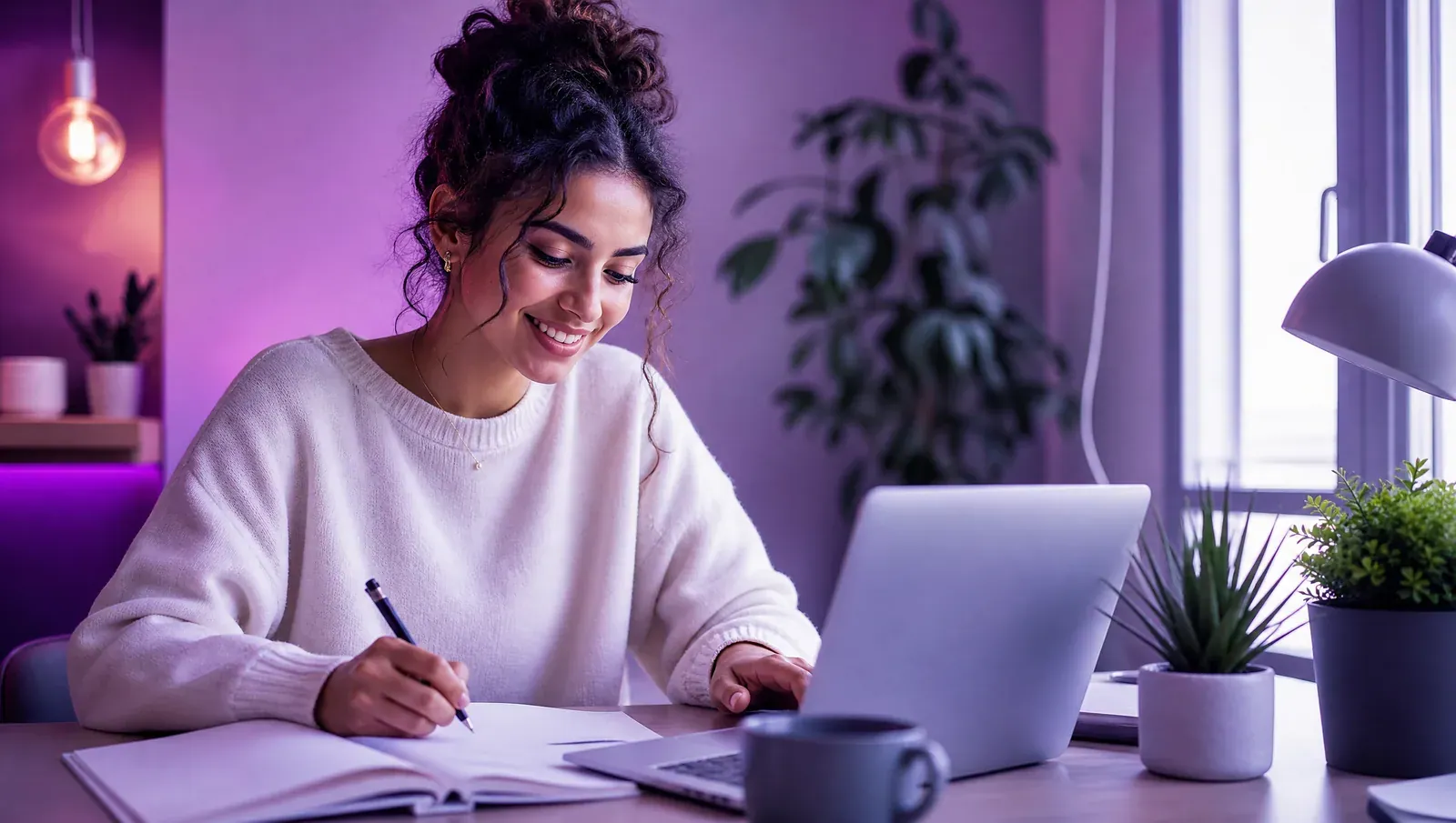 Une étudiante souriante qui révise sur son ordinateur portable