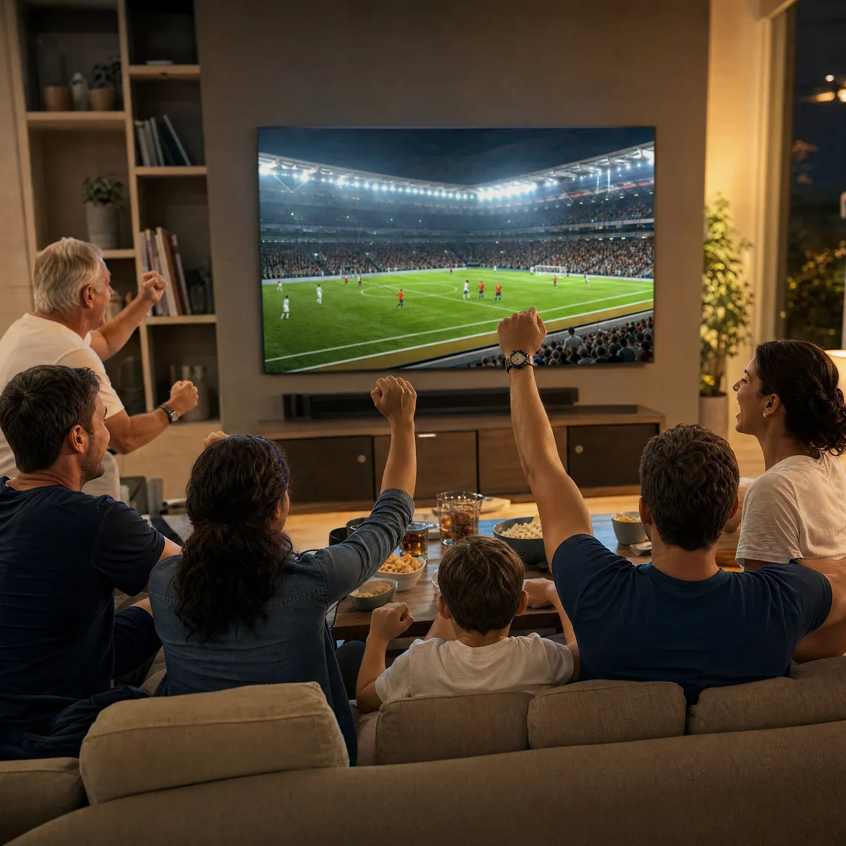 Famille et amis regardant un match de football en direct sur une grande Smart TV 4K