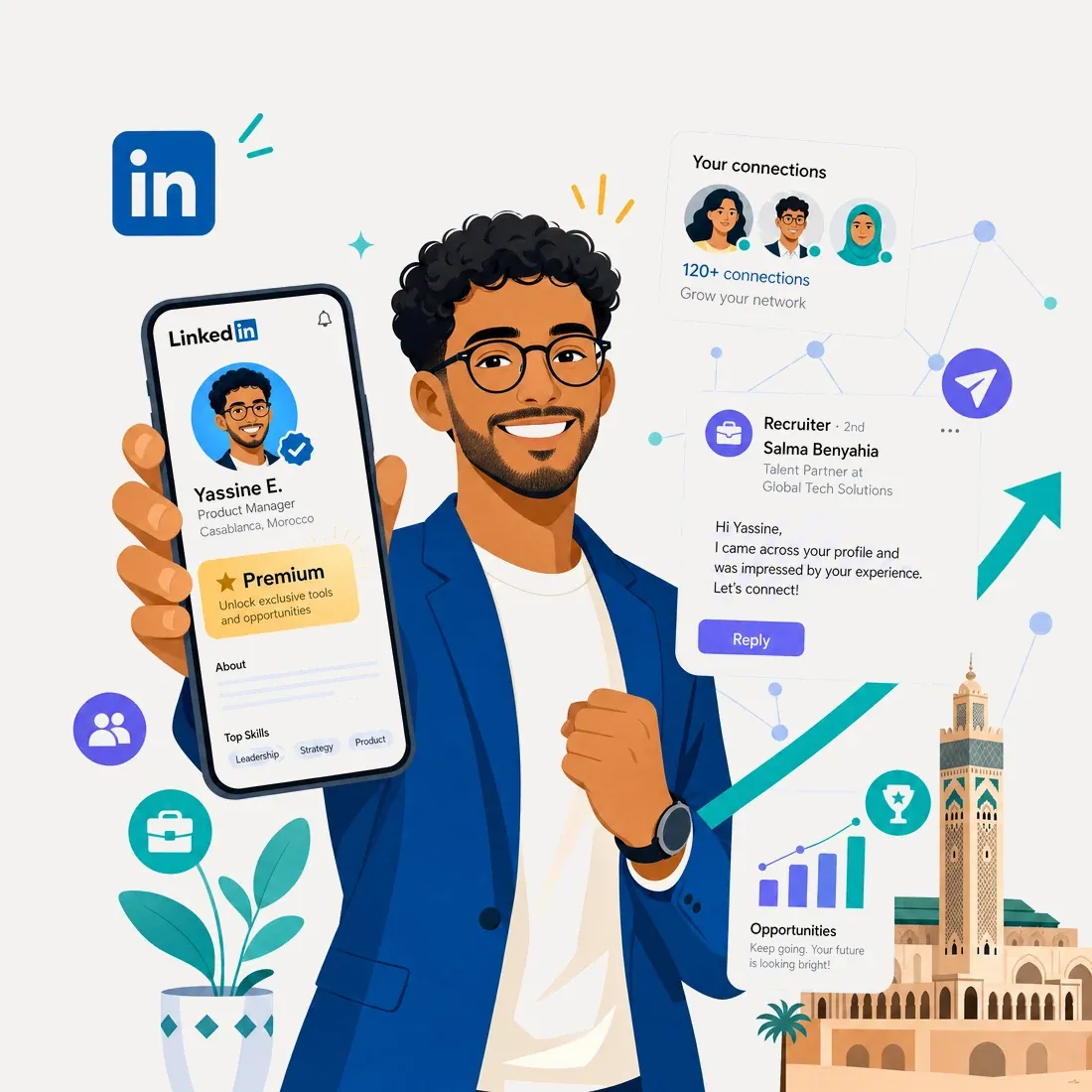 Illustration : un jeune professionnel met en avant son profil LinkedIn Premium et reçoit des messages de recruteurs.